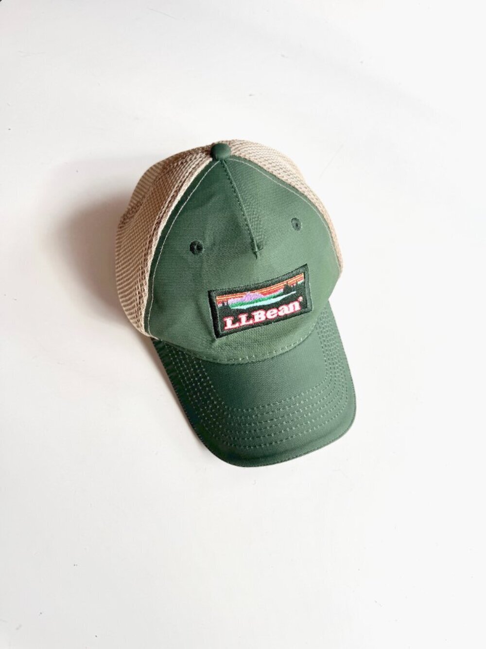 Vintage LL BEAN Green Mountain Patch Beige Mesh Trucker Hat